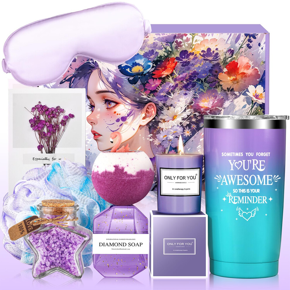 Lavender Spa Gift Basket For Women With Complete 8Piece Set, Candle, Tumbler And Silk Eye Mask
