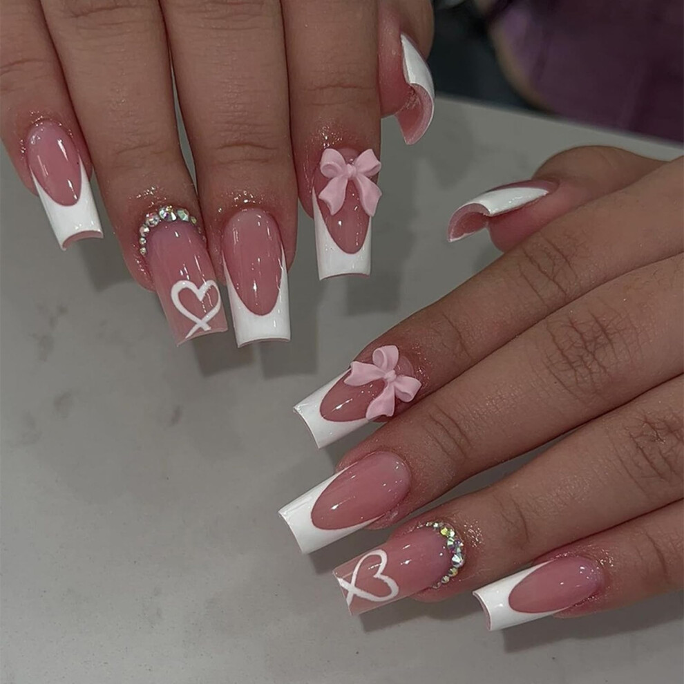 Square French Tip Press On Nails 24Pcs Acrylic False Nails with Bow Design for Women