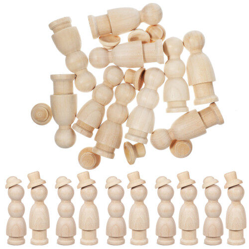 2Sets Beige Wooden Peg Dolls Unpainted Craft Blanks for DIY Projects