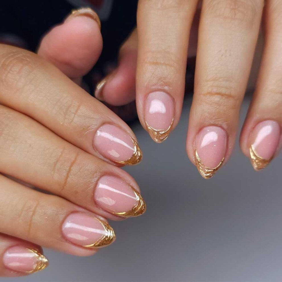 Gold Almond Press On Nails Extra Short French Glossy Fake Nails Set With Adhesive, 30Pcs