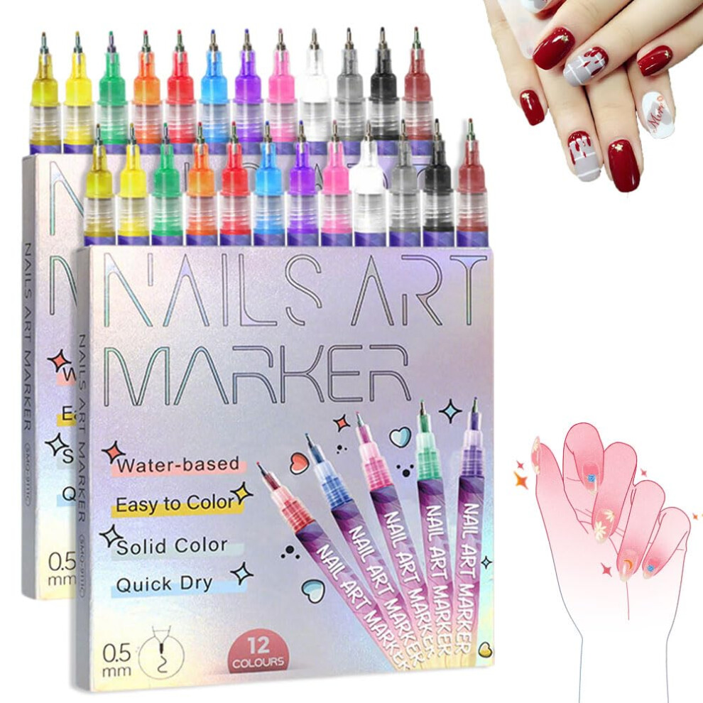 Nail Art Pens Set 24 Colors with 0.5mm Fine Tip, Quick Dry Markers for Gel Nails Manicure