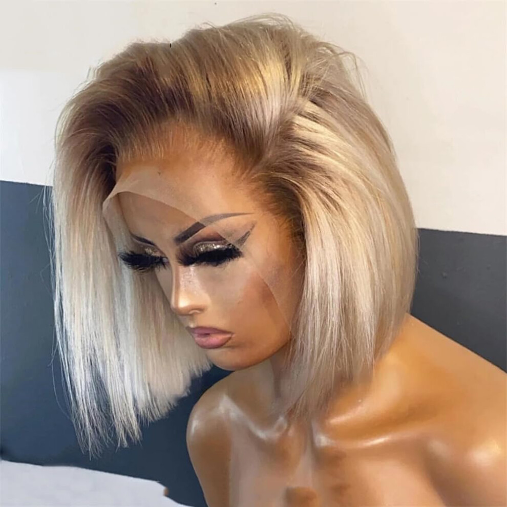Unisex Ombre Blonde Bob Brazilian Human Hair Lace Front Wig 13X4 Transparent 10In 200% Density