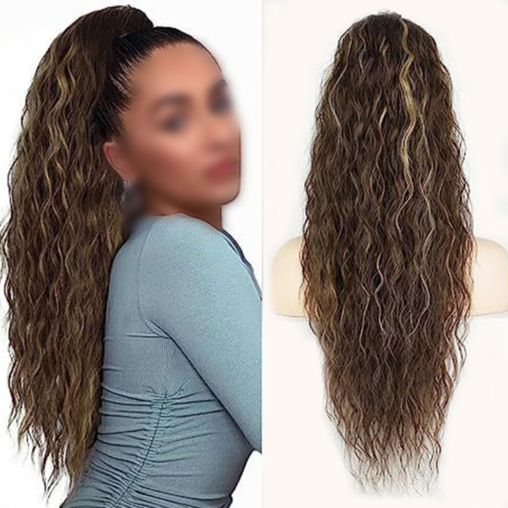 Unisex Brown Long Synthetic Drawstring Ponytail Extension 28In Curly Wavy Heat Resistant Hairpiece Blonde