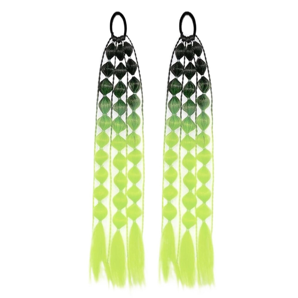 Ponytail Extension Long Bubble Braid Lantern Style Wig with Hair Tie Black Neon Green Hairpiece