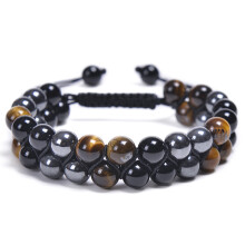 Heilkristall-Perlenarmband mit dreifachem Schutz durch Tigerauge, schwarzen Obsidian und Hämatit, verstellbares Nylonband für Damen und Herren,