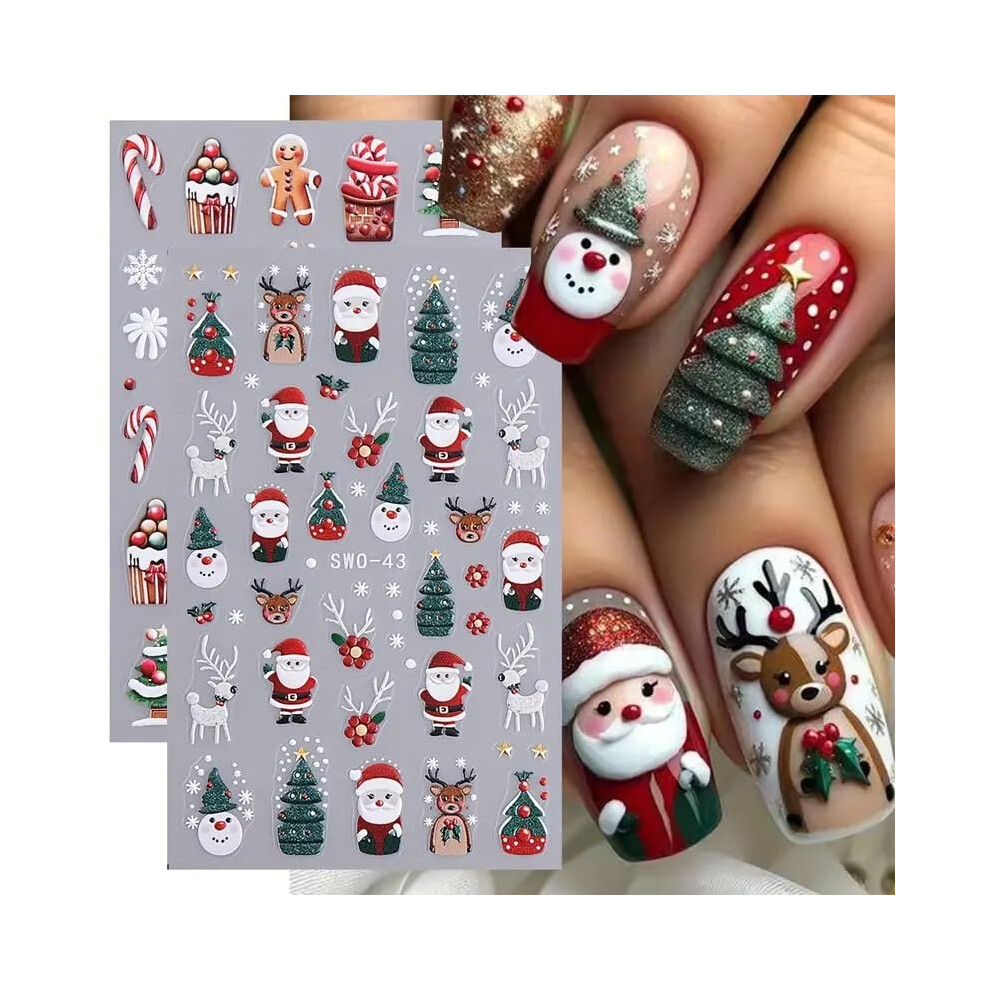 Green Christmas Nail Stickers 5D Embossed Santa Claus And Xmas Tree Selfadhesive Nail Art Decals 2Pcs