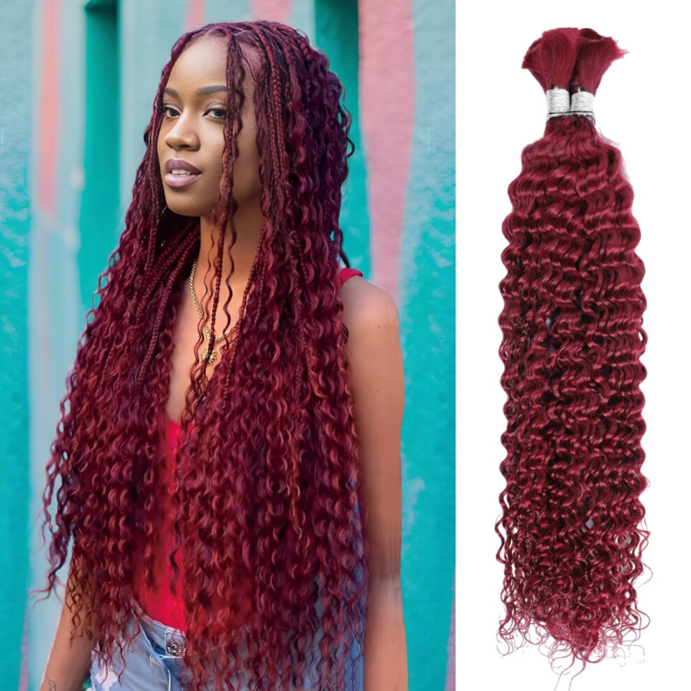 Unisex Red 99J Burgundy Human Braiding Hair Extensions Brazilian Deep Wave Bulk Virgin Hair For Boho Braids