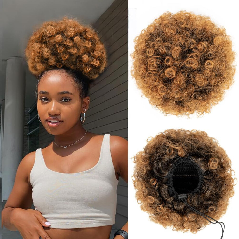 Unisex Black,Red Afro Puff Drawstring Ponytail Kinky Curly Hairpiece For Black Women Ombre Auburn 1B30 Synthetic