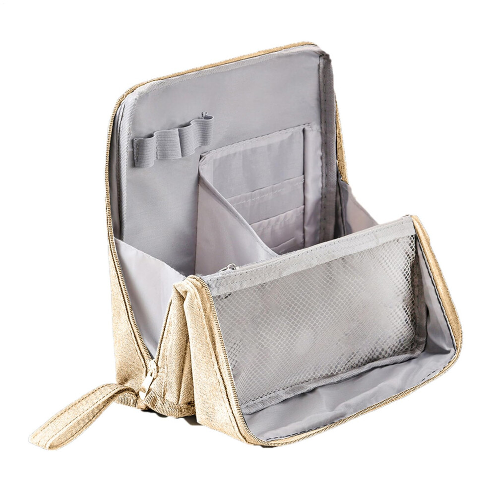 Cream Standing Makeup Bag Large Capacity Oxford Cloth Vertical Cosmetic Bag With Compartments Multipurpose