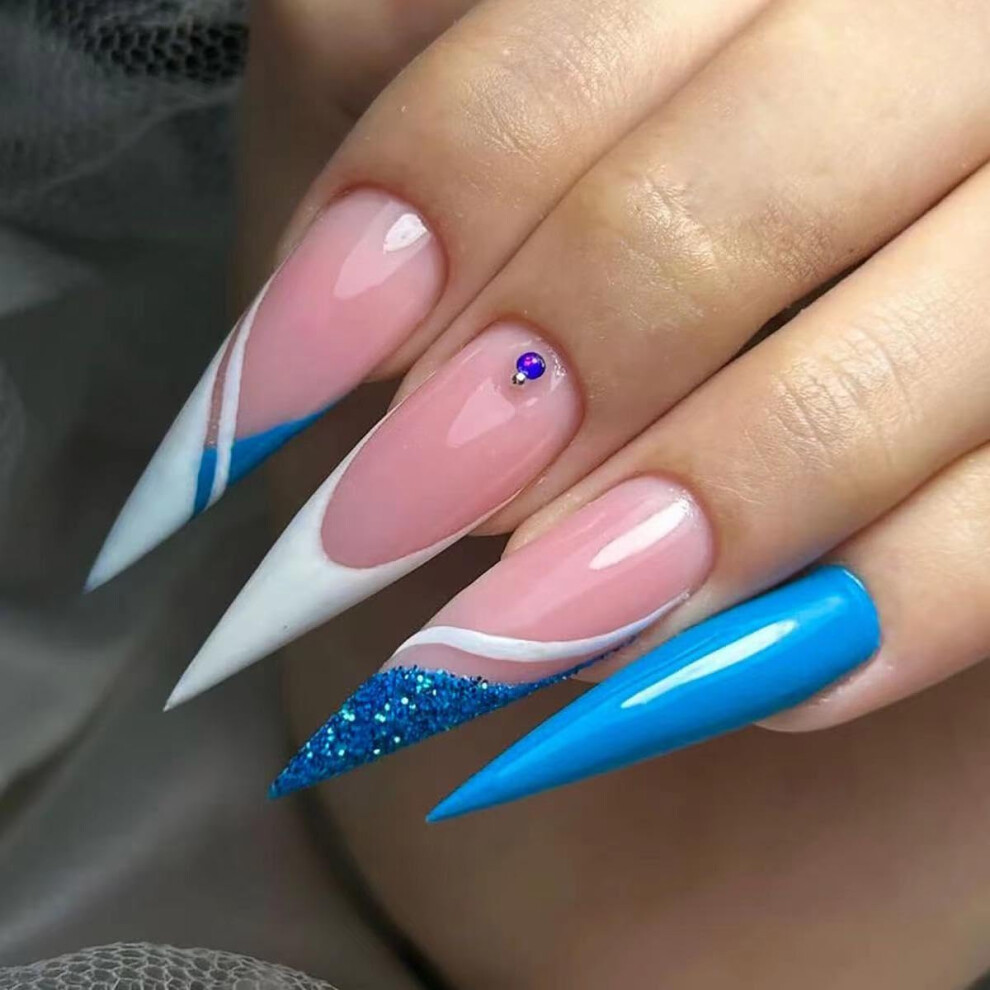 Blue French Stiletto Press On Nails 24Pcs Glossy Fake Nail Tips Salonquality For Women