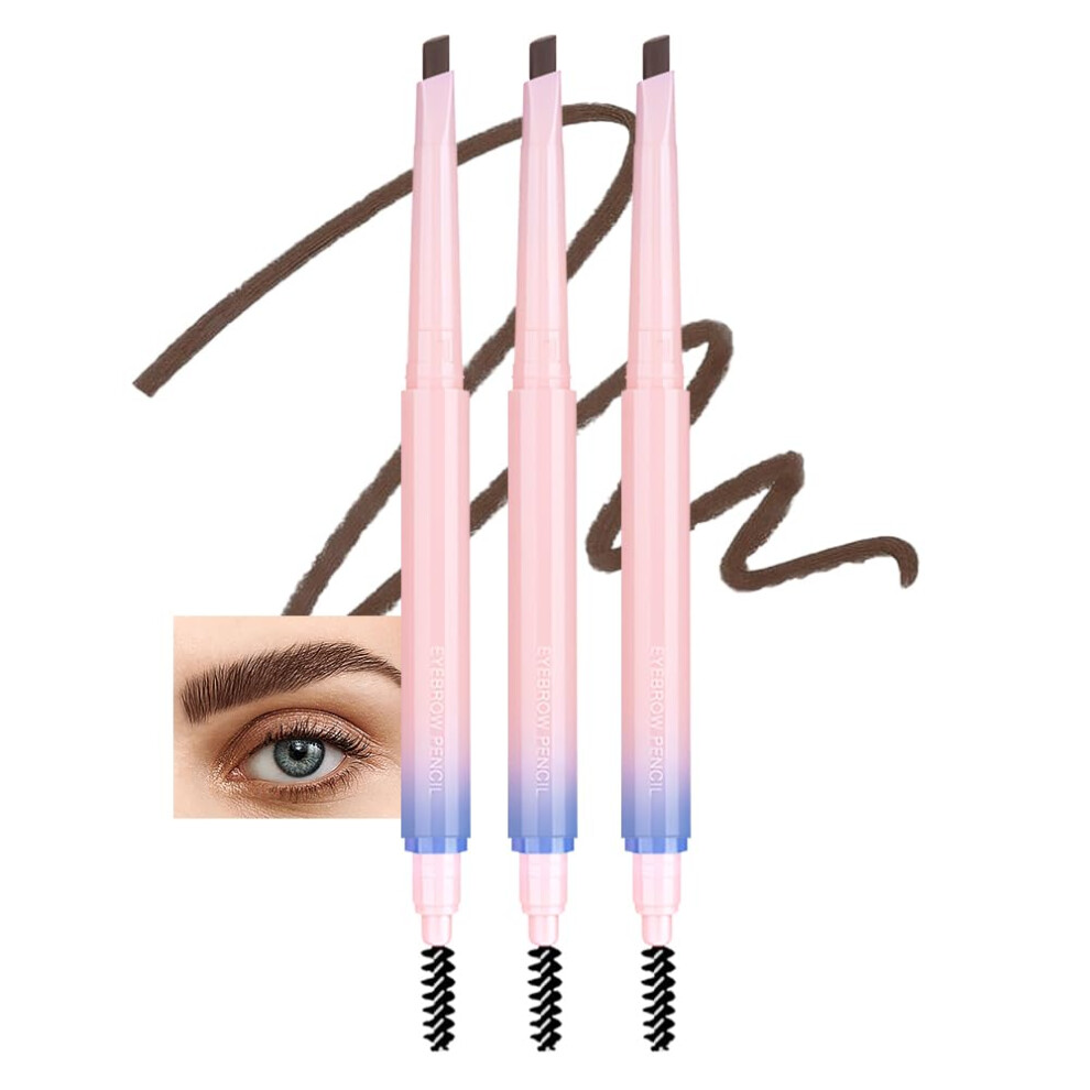 Brown 3Pack Waterproof Retractable Eyebrow Pencil With Dualsided Brush, Triangular Tip,