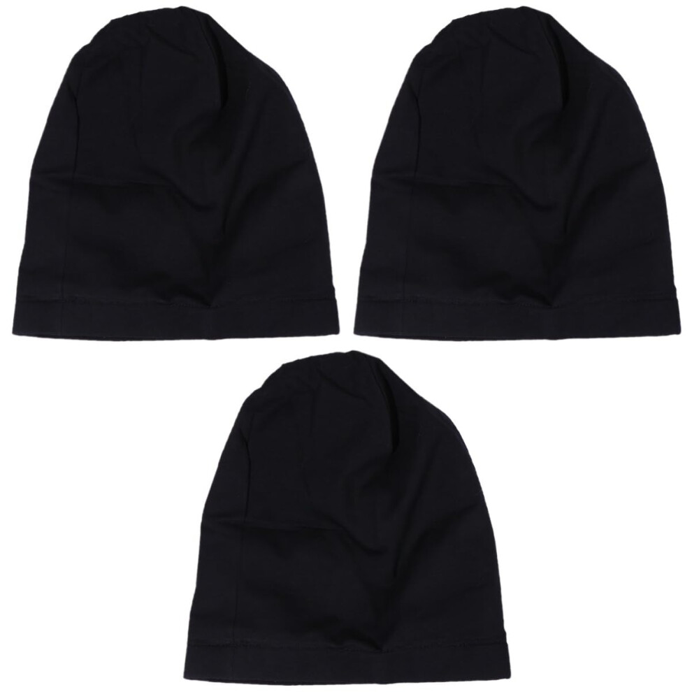 Black Satin Sleep Cap 3Pcs Hair Bonnet For Sleeping With Wide Brim, Frizz Reduction And Comfort