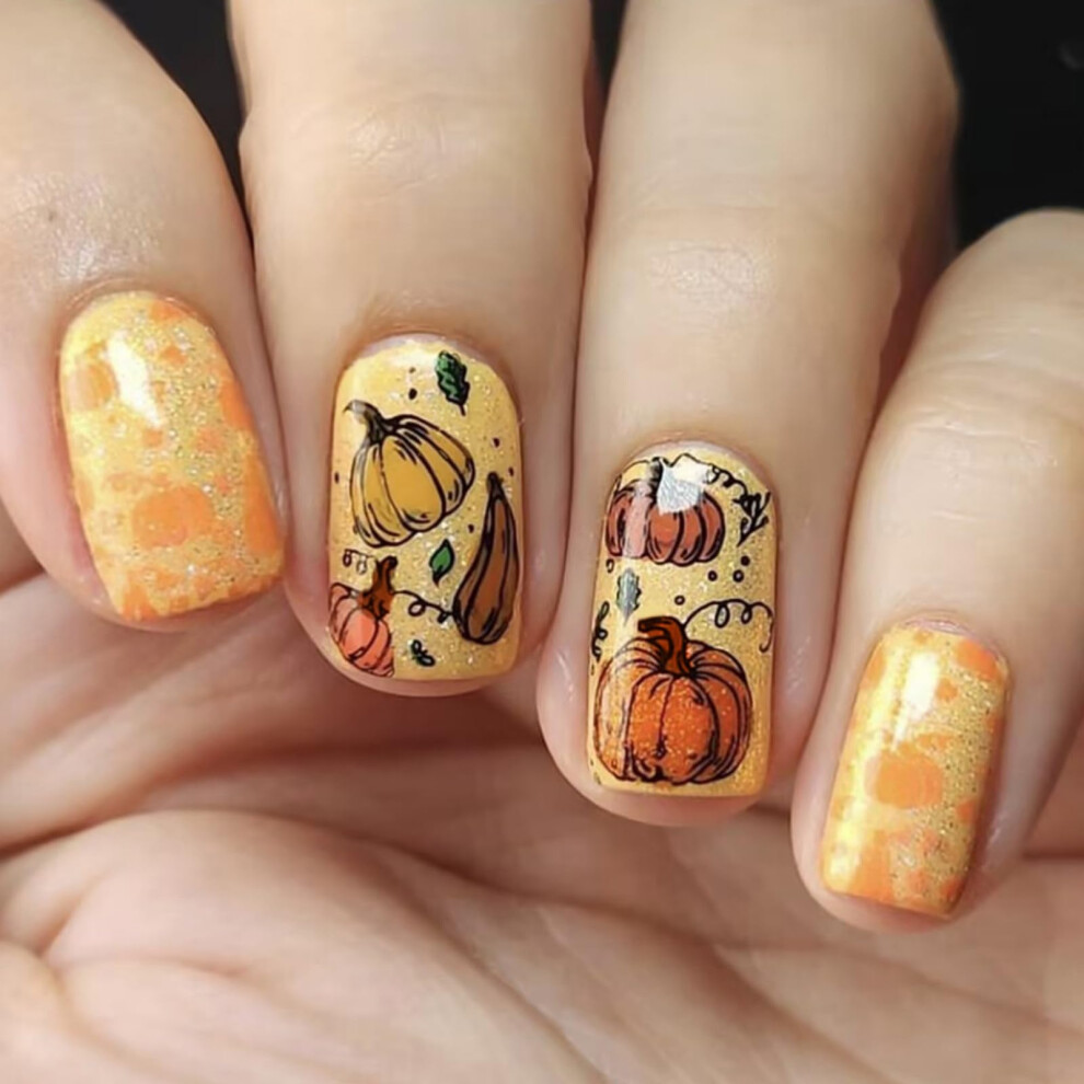 Pumpkin Press On Nails Short Square False Nails for Fall Thanksgiving Instant Salon Look