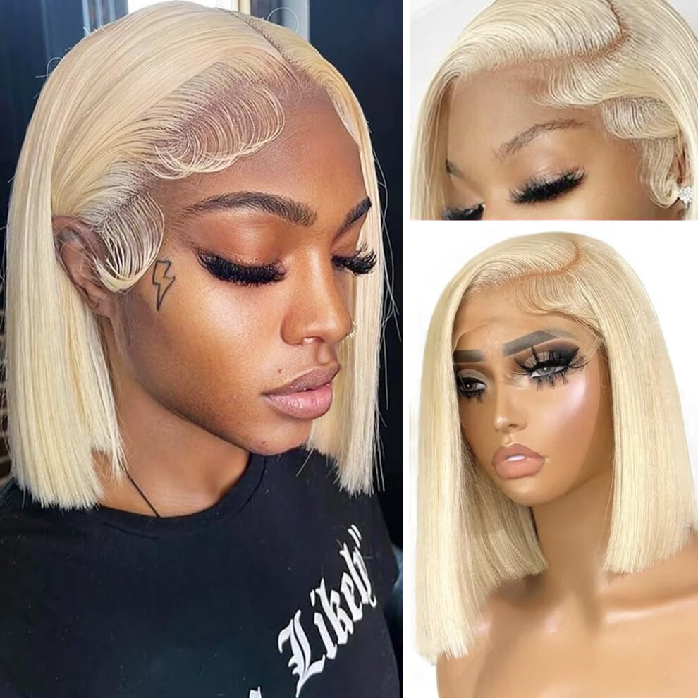 Unisex Hd Lace Front Wig 14Inch 13X6 Hd Transparent 613 Blonde Human Hair Bob, Pre Plucked, Glueless