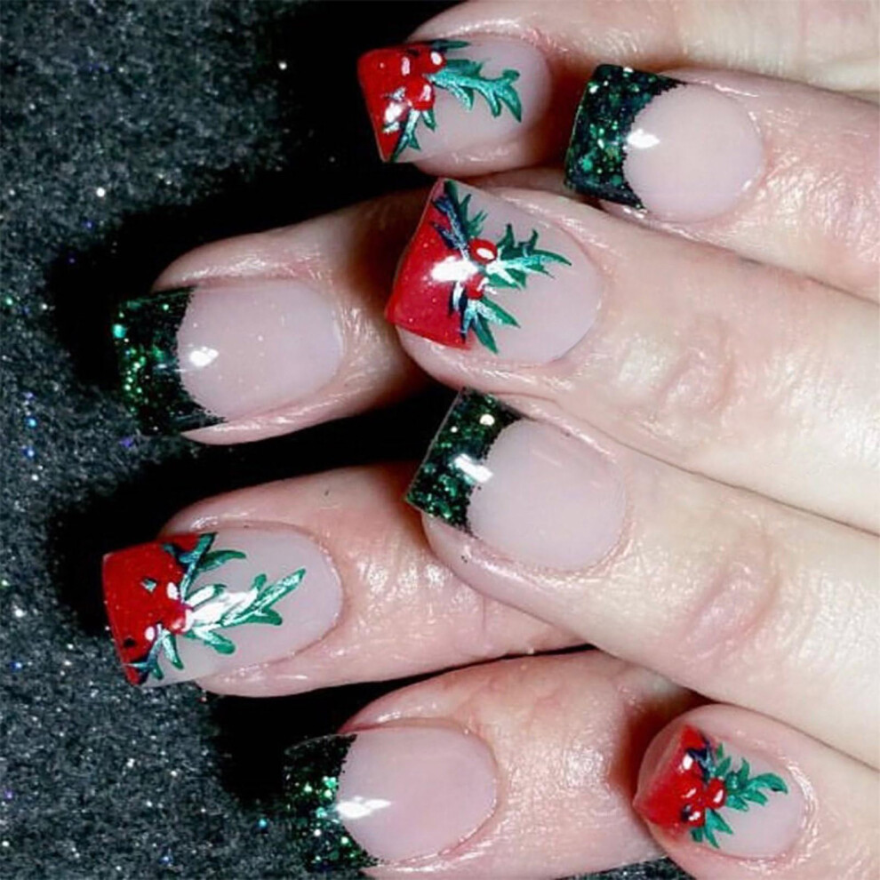 Christmas Press On Nails Short Square French Tip False Nails for Holiday Festive Look