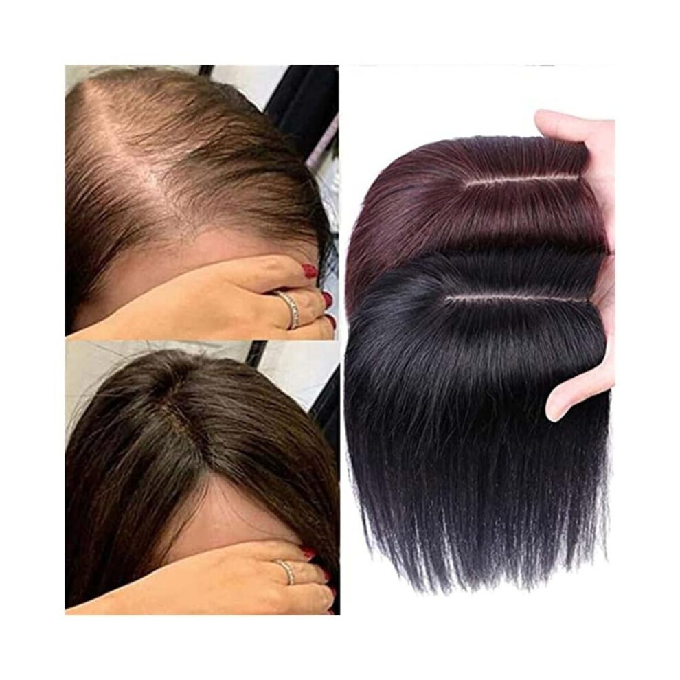 Unisex Brown Silk Base Human Hair Topper For Women Straight Remy Clipin Hairpiece Instant Volume 9X14cm