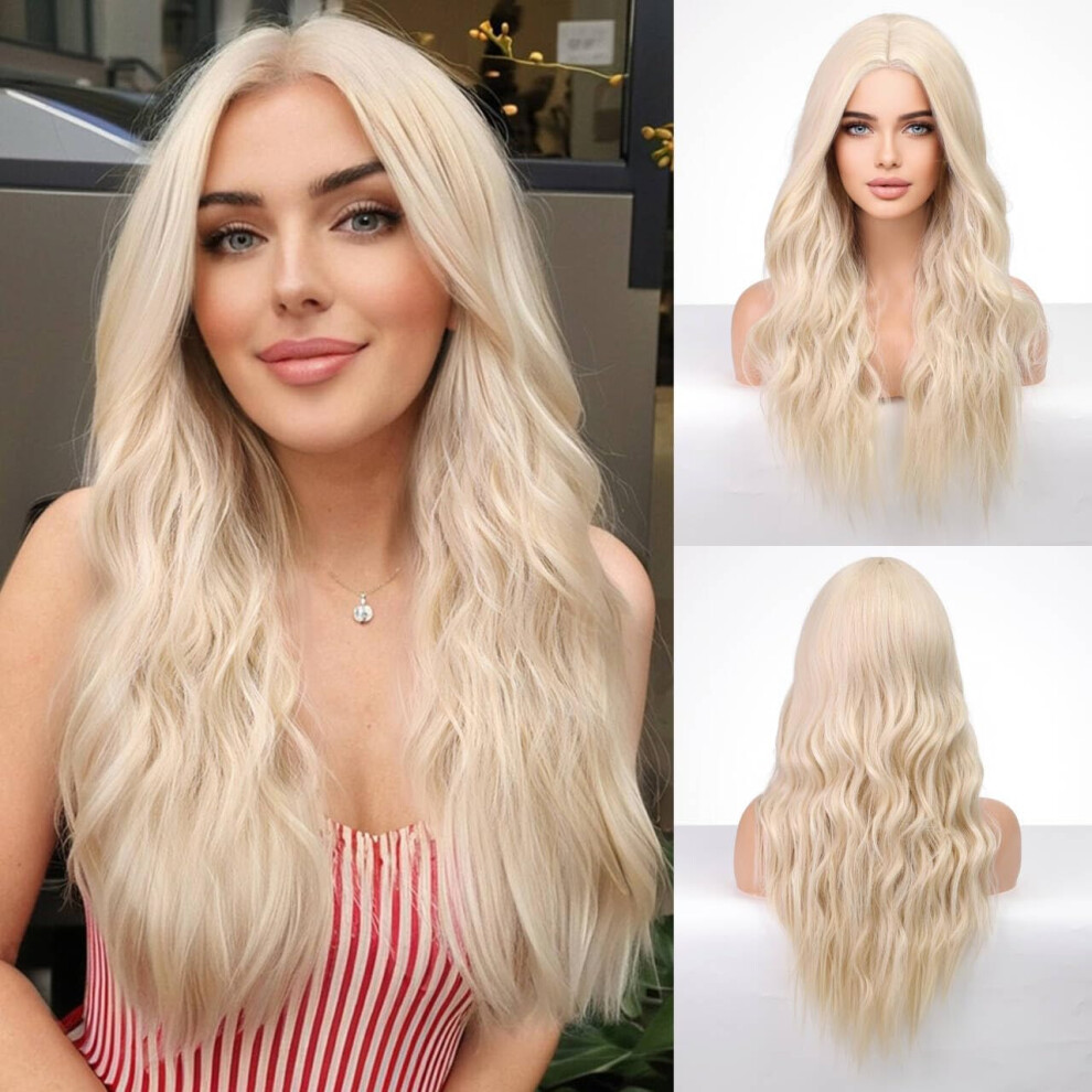 Unisex Blonde Human Hair Wig 26 Inch Long Curly Wavy Middle Part Heatresistant Natural Hairline