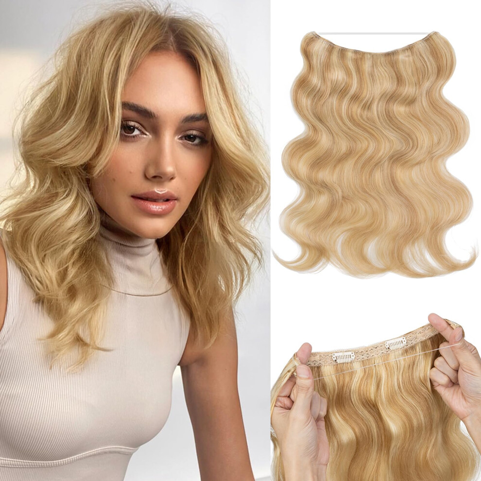 Unisex Halo Human Hair Extensions 12 Inch Short Wavy For Women Adjustable Wire Seamless Blend Ash Blonde/Bleach Blonde