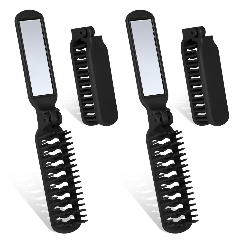 Foldable Travel Hair Brush with Mirror, Compact Pocket Comb for All Hair Types, 4 Pack Black