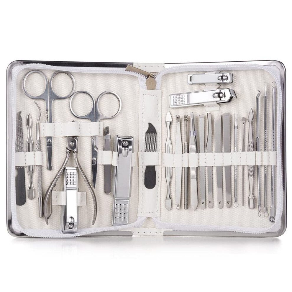 White Professional Manicure Set 26Pcs Stainless Steel Nail Clippers Kit With Travel Storage Box