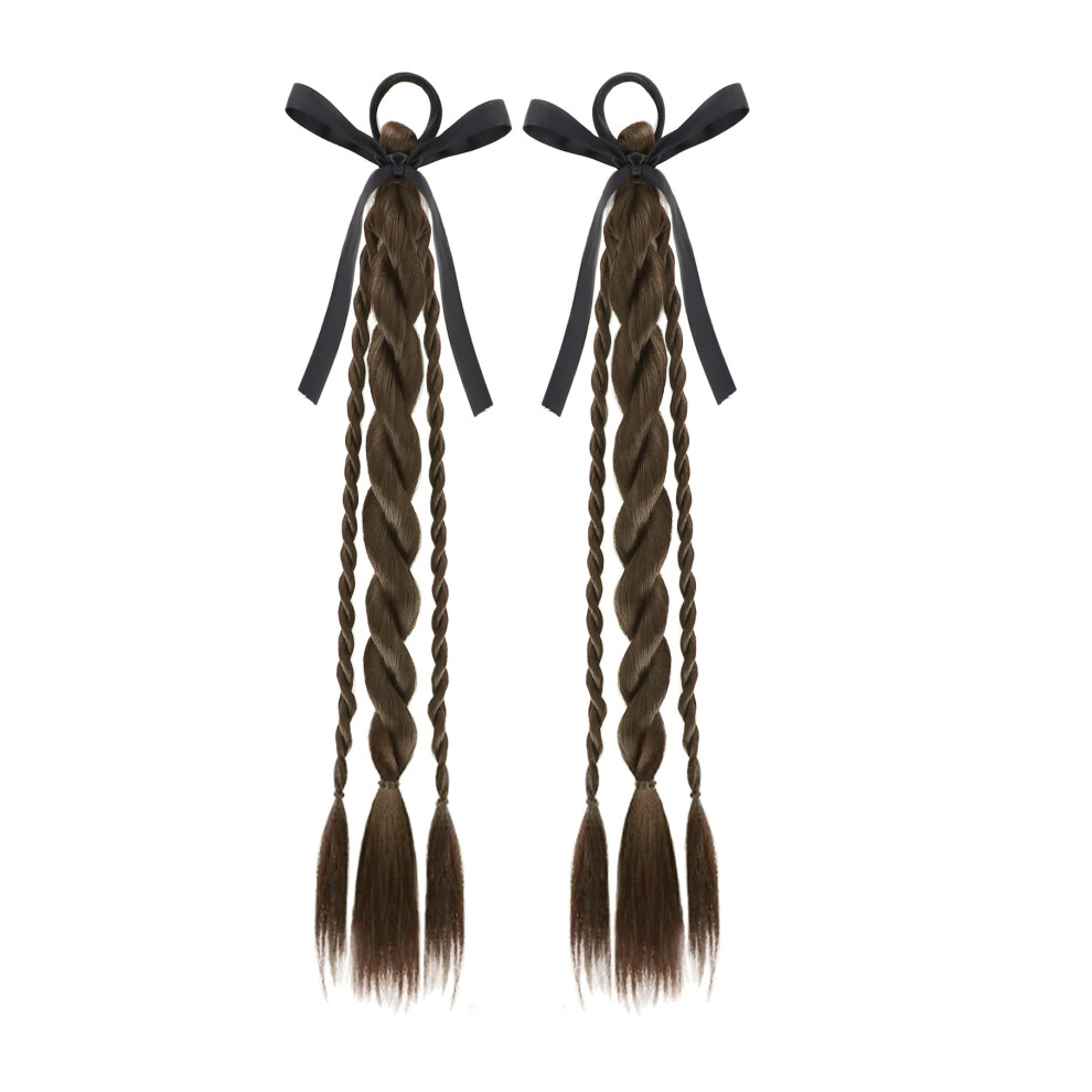 Unisex Brown Cold Long Braided Ponytail Wig With Hair Band, Synthetic Double Braids Hairpiece