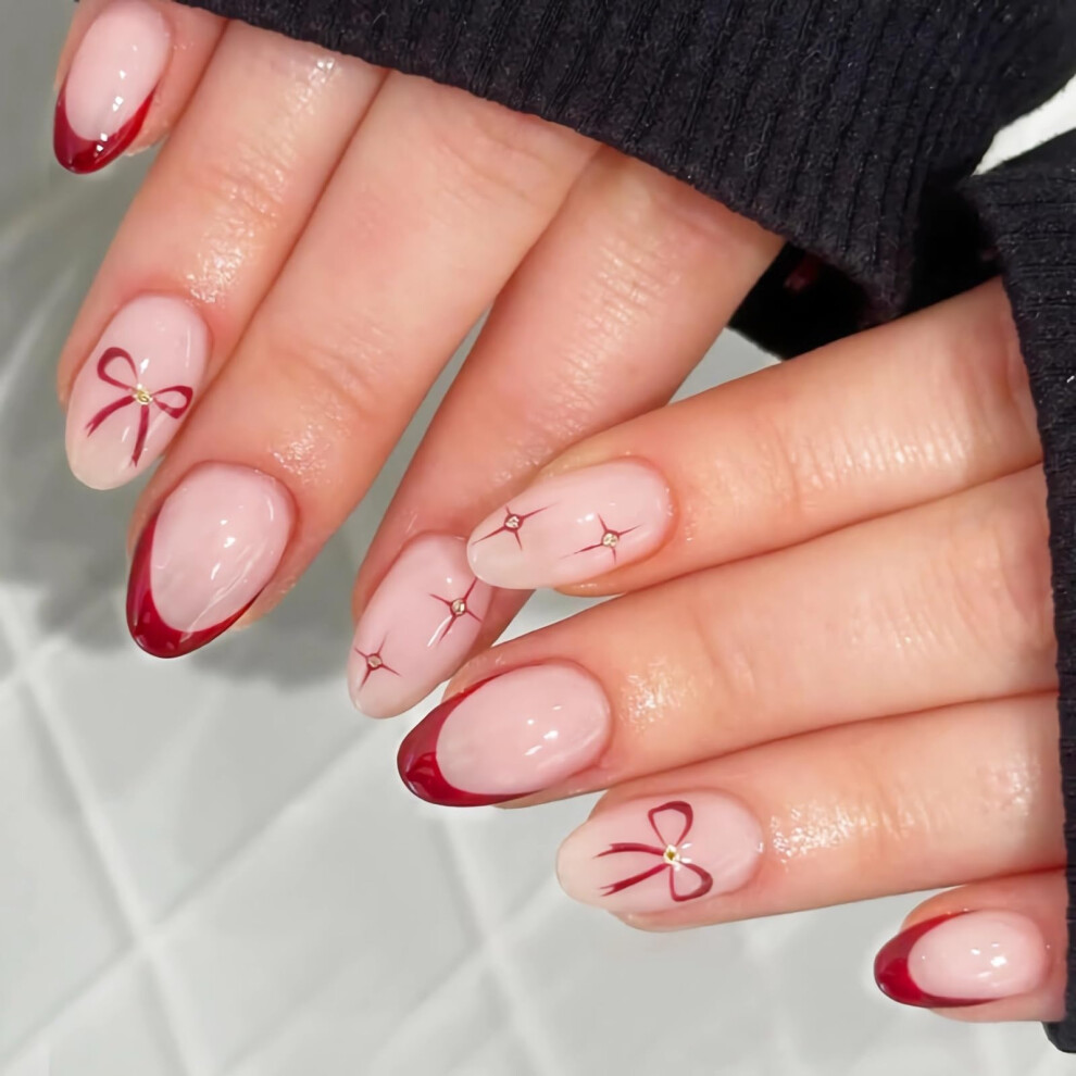 Press On Nails Medium Round Red French Tip Fake Nails with Glue, Glossy Oval Valentine's Set 24pcs