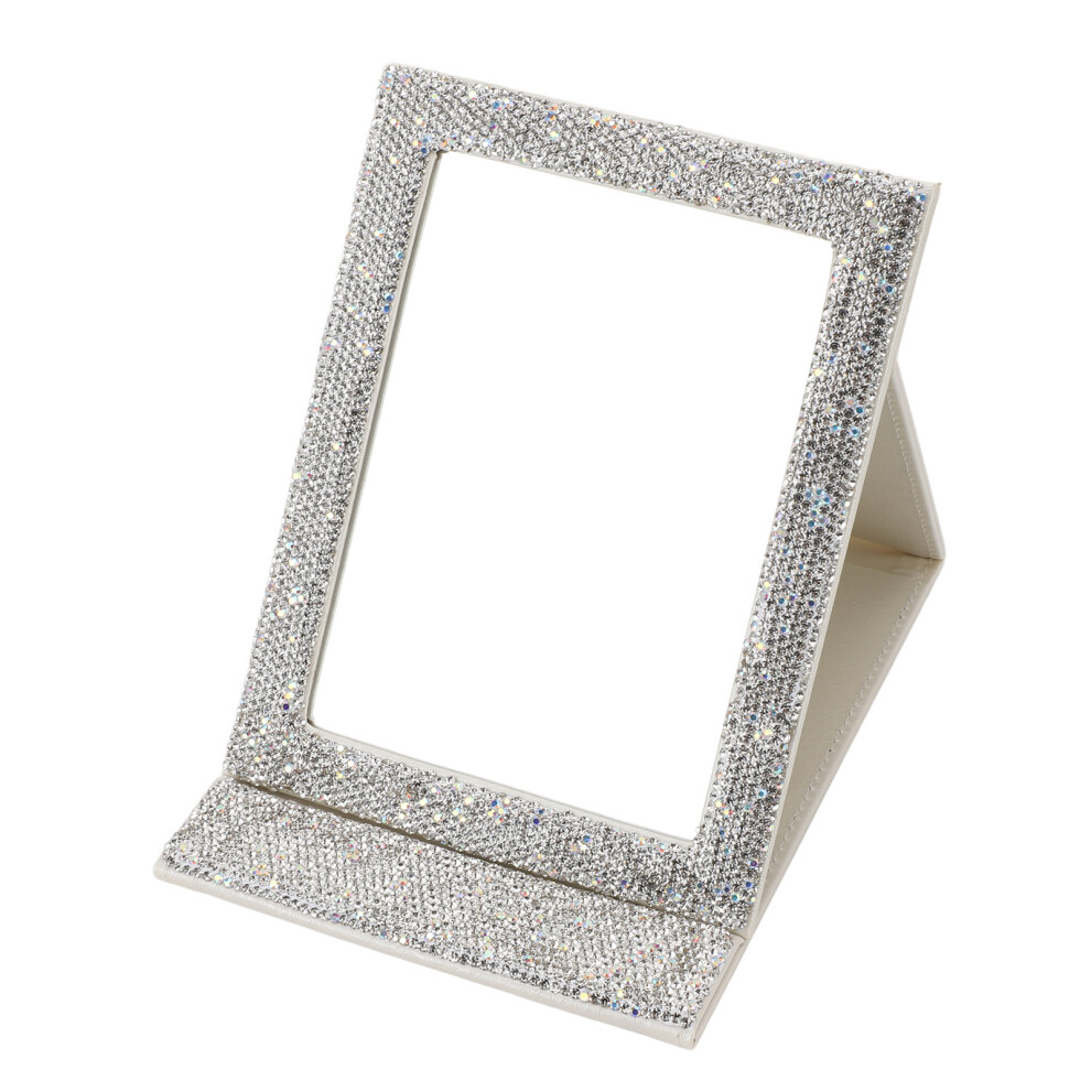 White Folding Cosmetic Mirror, Hd Rhinestone Portable Makeup Mirror For Dorm Desktop