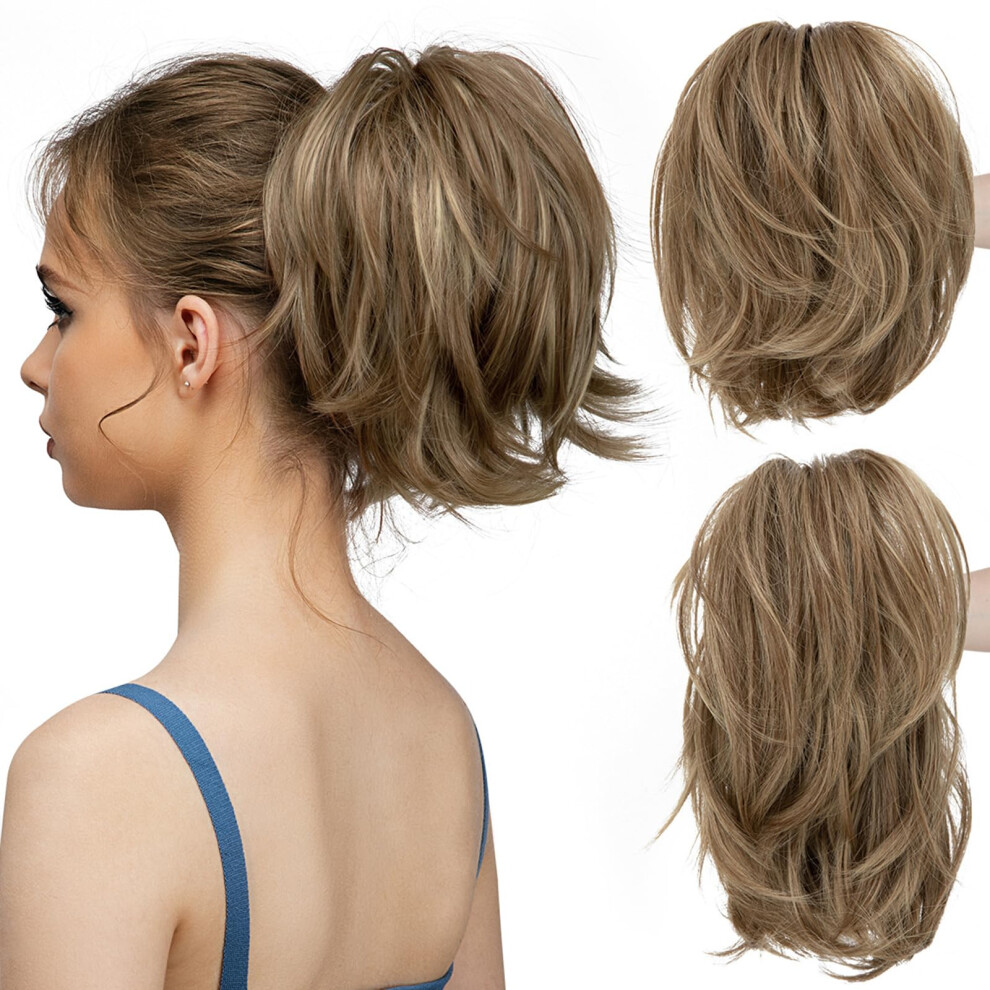 Unisex Brown Ponytail Extension With Claw Clip, Short Straight Synthetic Hairpiece, Bendable Wires, 8In Blonde