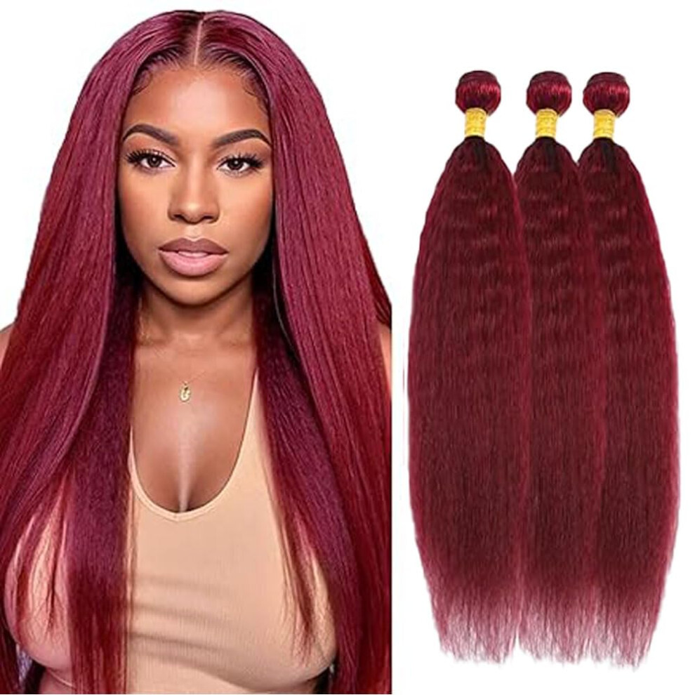 99J Burgundy Kinky Straight Human Hair Bundles Brazilian Virgin Yaki Wave Extensions for Black Women