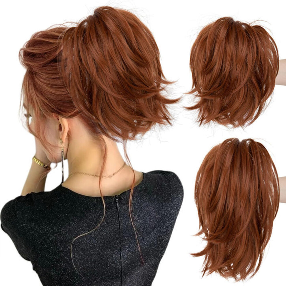 Short Claw Clip Ponytail Extension With Instant Volume Boost, Fluffy Curly Synthetic Hairpiece 8In Light Auburn Red