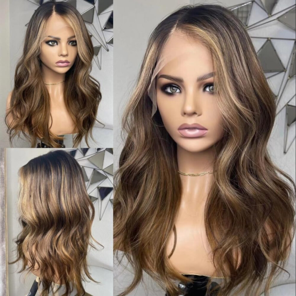Unisex Brown Human Hair Lace Front Wig Blonde Highlight Ombre 20 Inch 150 Density Brazilian Remy