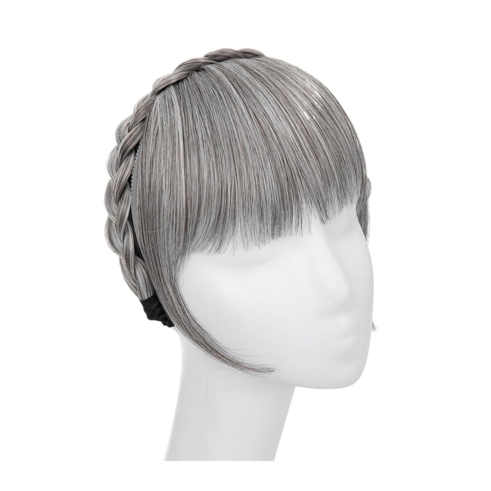 Unisex Gray Clip In Bangs With Headband Synthetic Hairpiece Natural Looking Fringe For Women