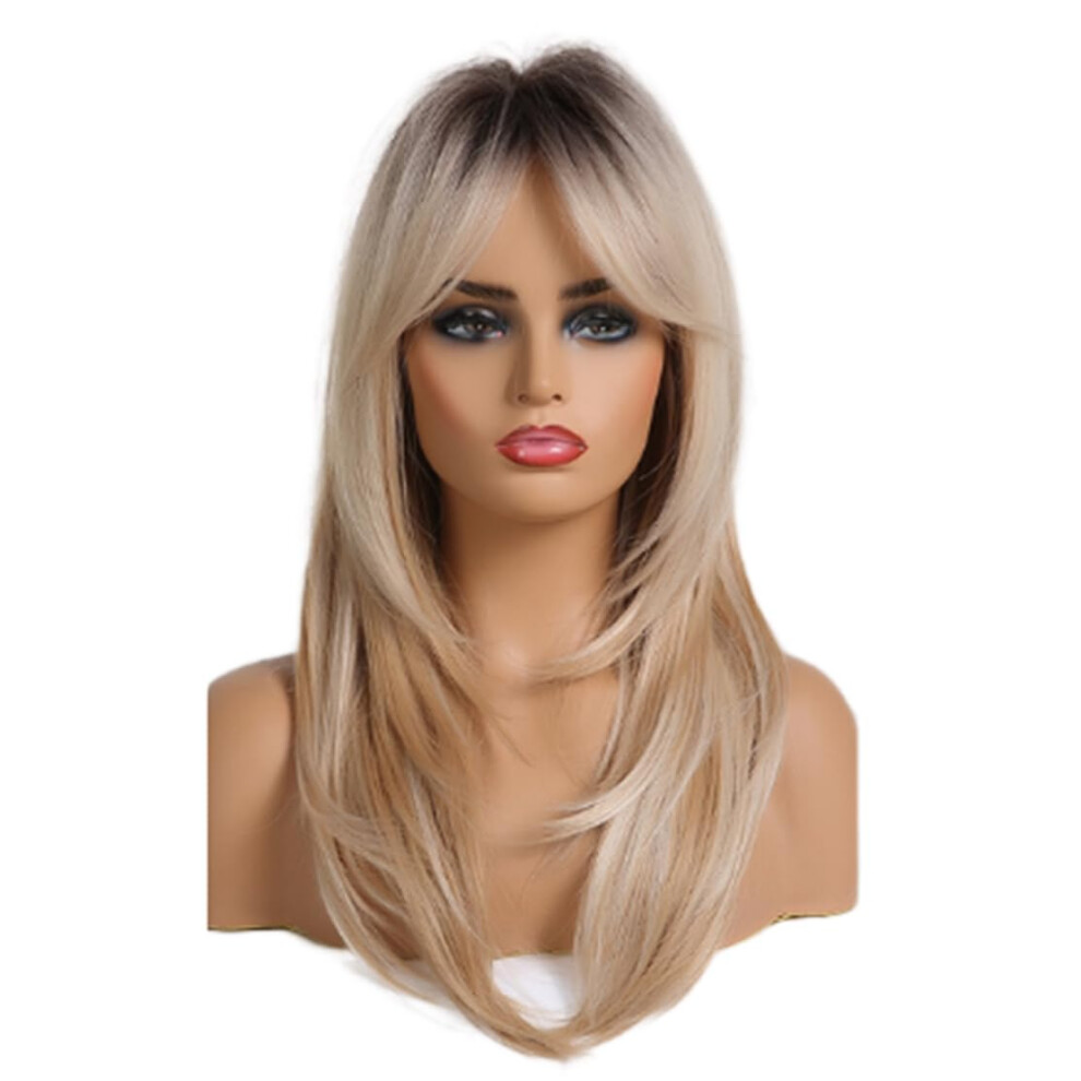 Unisex Dark Blonde Wig Long Straight Layered 23 Inch Synthetic With Roots Realistic Hairline For Women