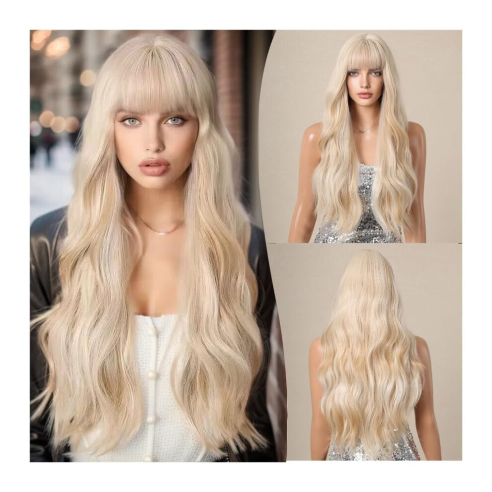 Long Curly Wig with Bangs for Women White Golden Full Head Soft Voluminous Curls