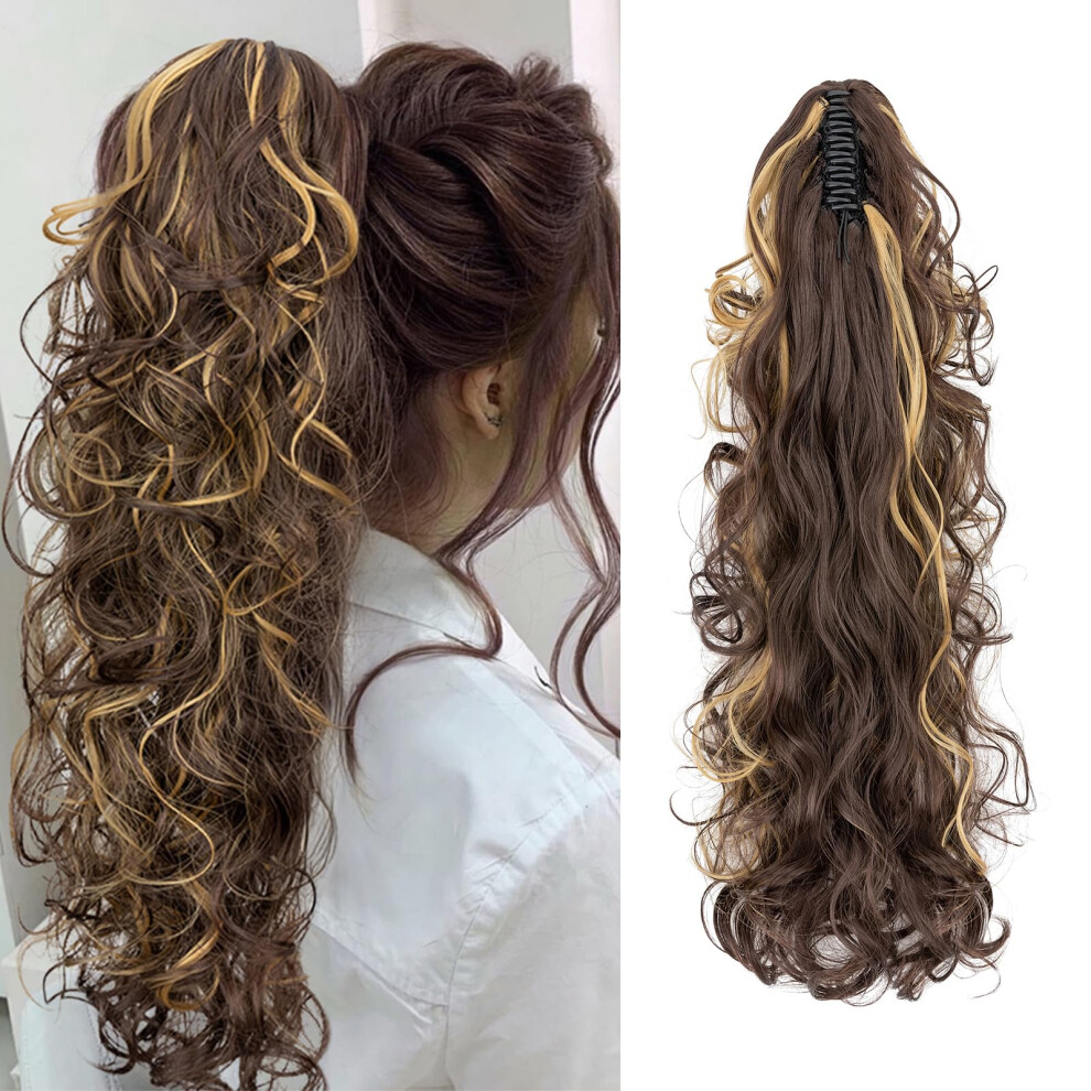 Unisex Brown 24 Inch Wavy Claw Clip Ponytail Extension For Women, Dark With Dark Blonde, Instant Volume