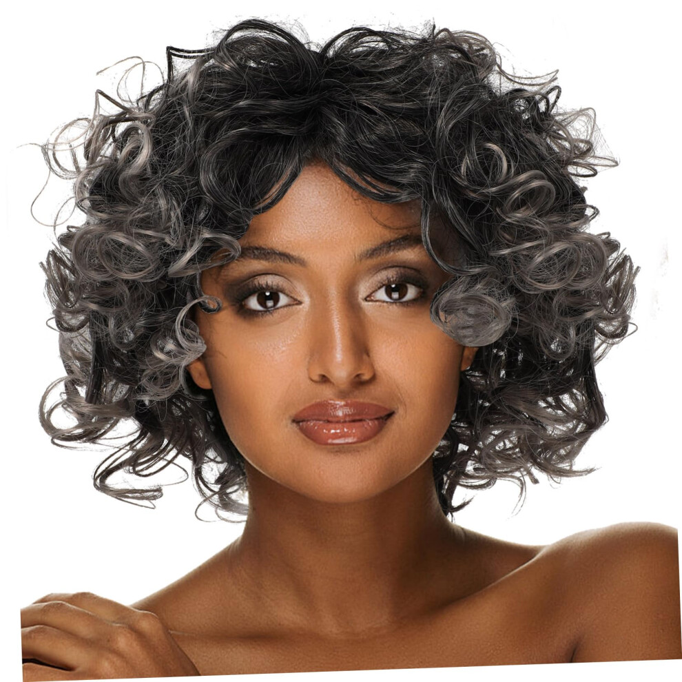Unisex Black Afro Curly Wig For Women Gray Synthetic Bob With Natural Hairline For Daily Wear And Cosplay