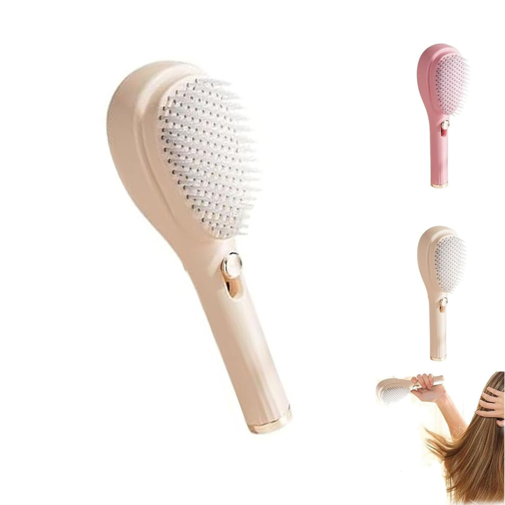 Unisex Beige Scalp Massage Brush With Retractable Bristles, Oneclick Self Cleaning Anti Static Hair Brush For Women