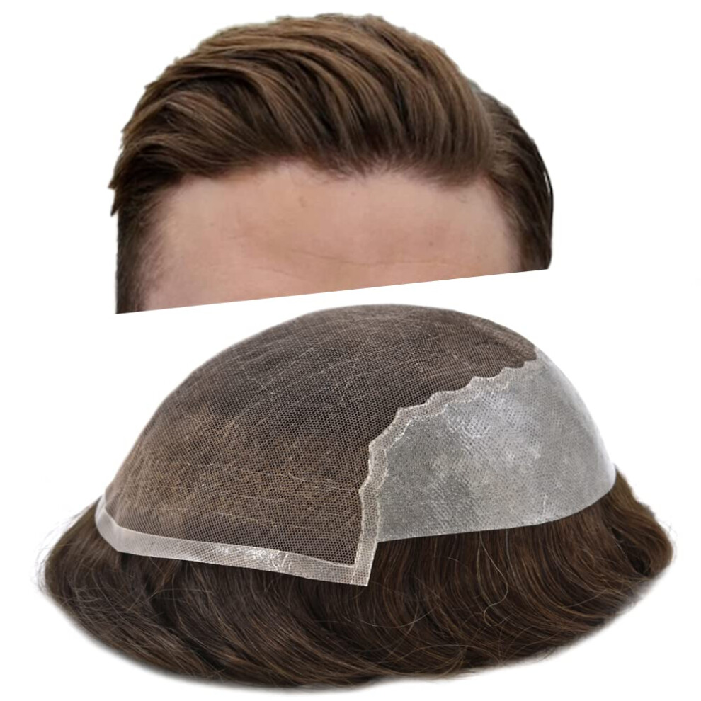 Unisex Brown Men's Lace Toupee 8X10 Human Hair Hairpiece With Natural Hairline European Remy Swiss Lace Dark Ash