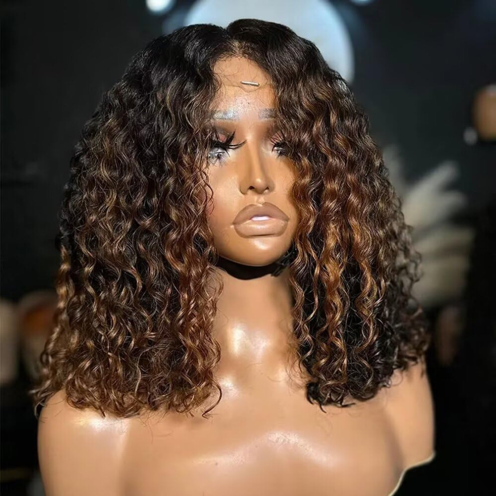Unisex Brazilian Human Hair Wig 13X6 Deep Wave Bob Highlight Curly Hd Lace Front Glueless 10 Inch