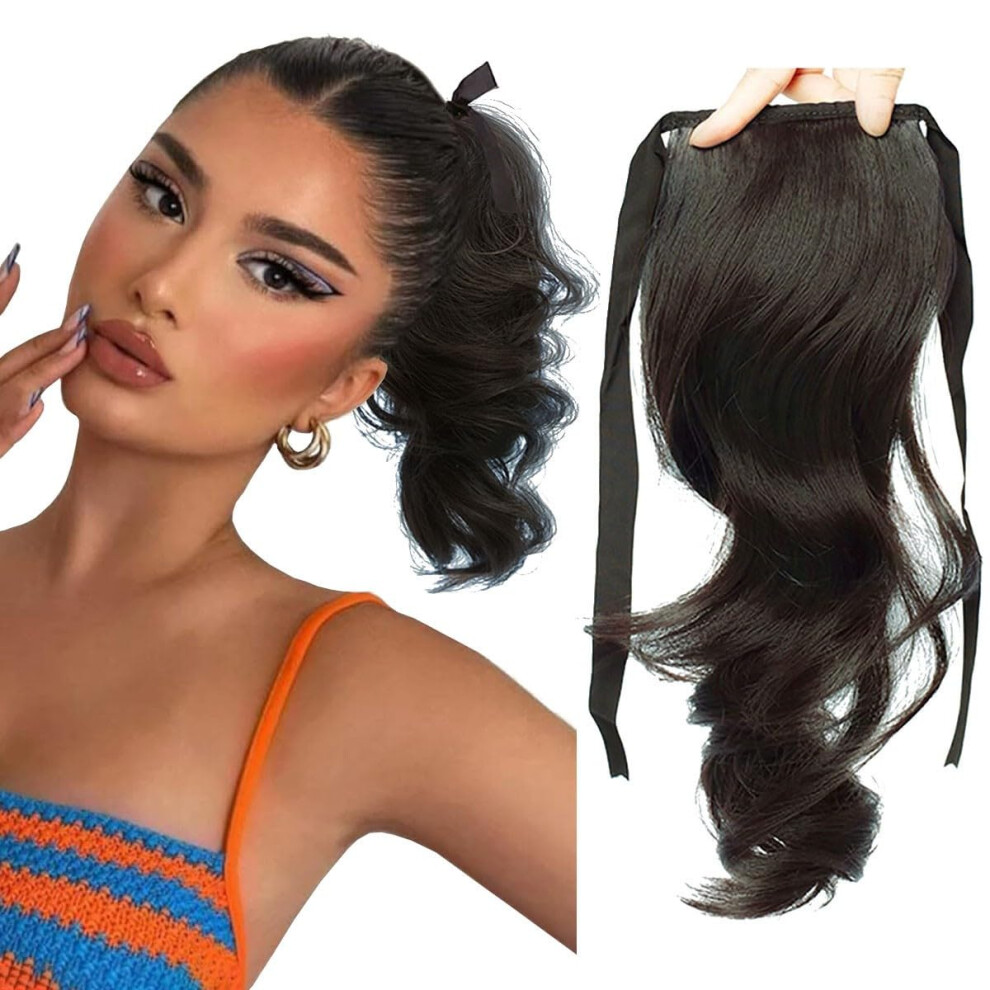 Unisex Black Ponytail Hair Extension Jet 30Cm Wavy Clipin Synthetic Hairpiece For Instant Hairstyle Upgrade