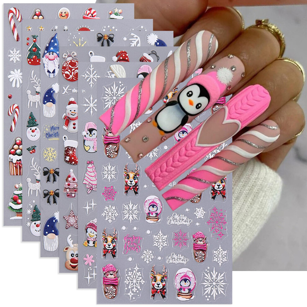 6 Sheets 5D Embossed Christmas Nail Stickers SelfAdhesive Holiday Art Decals with Santa Snowflake