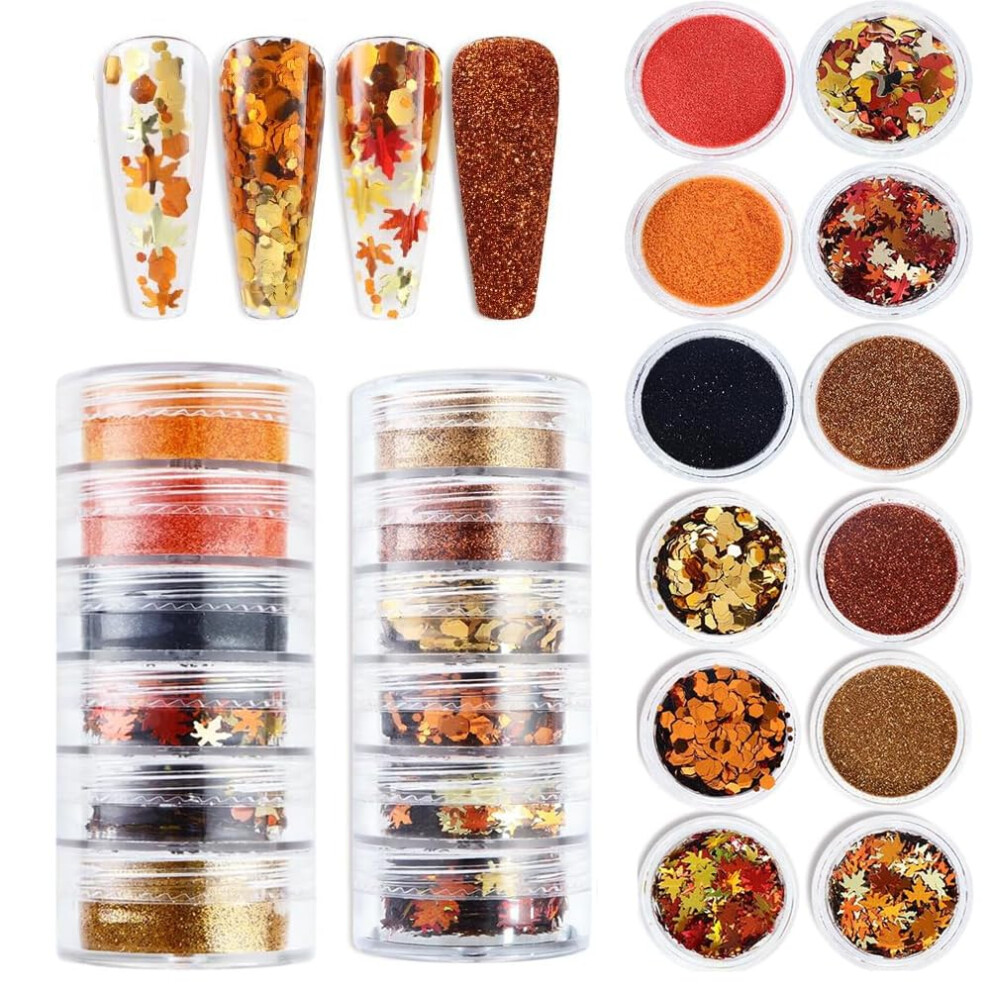 12 Box Autumn Maple Leaf Nail Art Glitter and Sequins for Fall Manicure Decorations