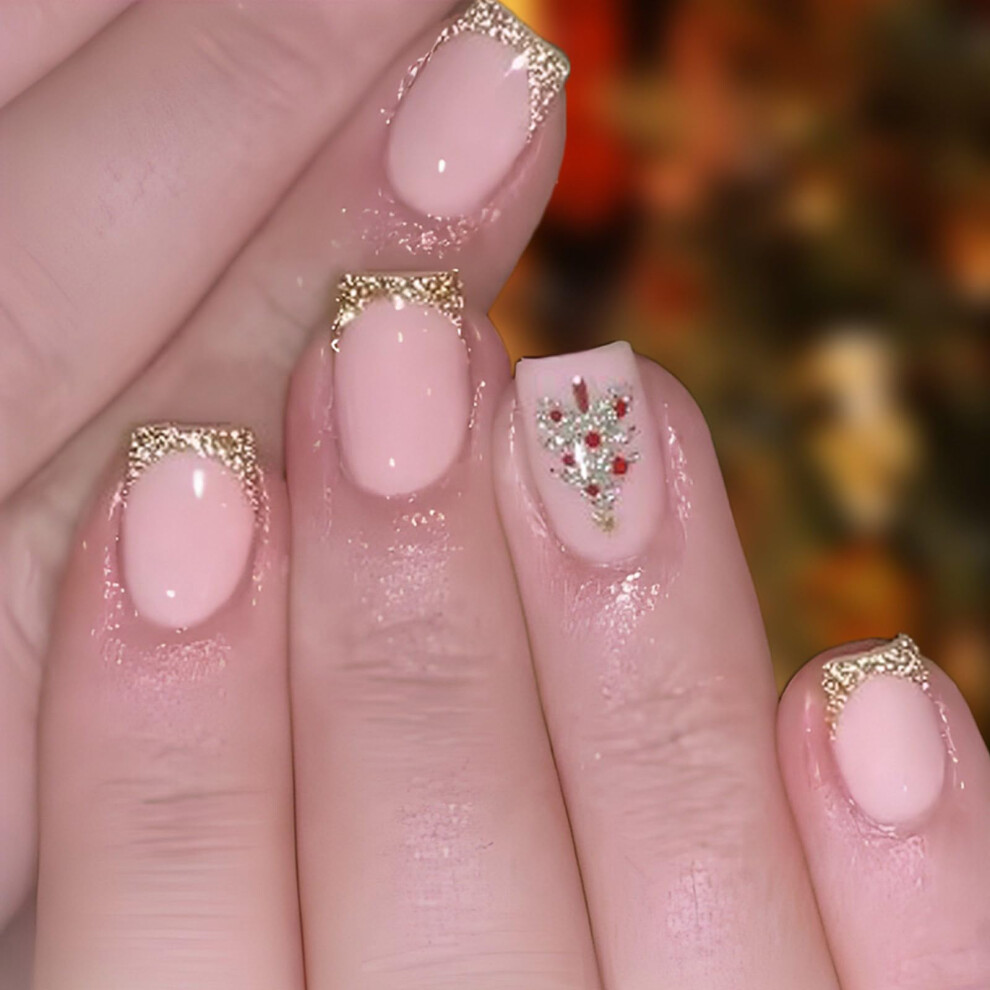 24Pcs Christmas Press On Nails Square French Fake Nails Reusable Acrylic False Nails for Women