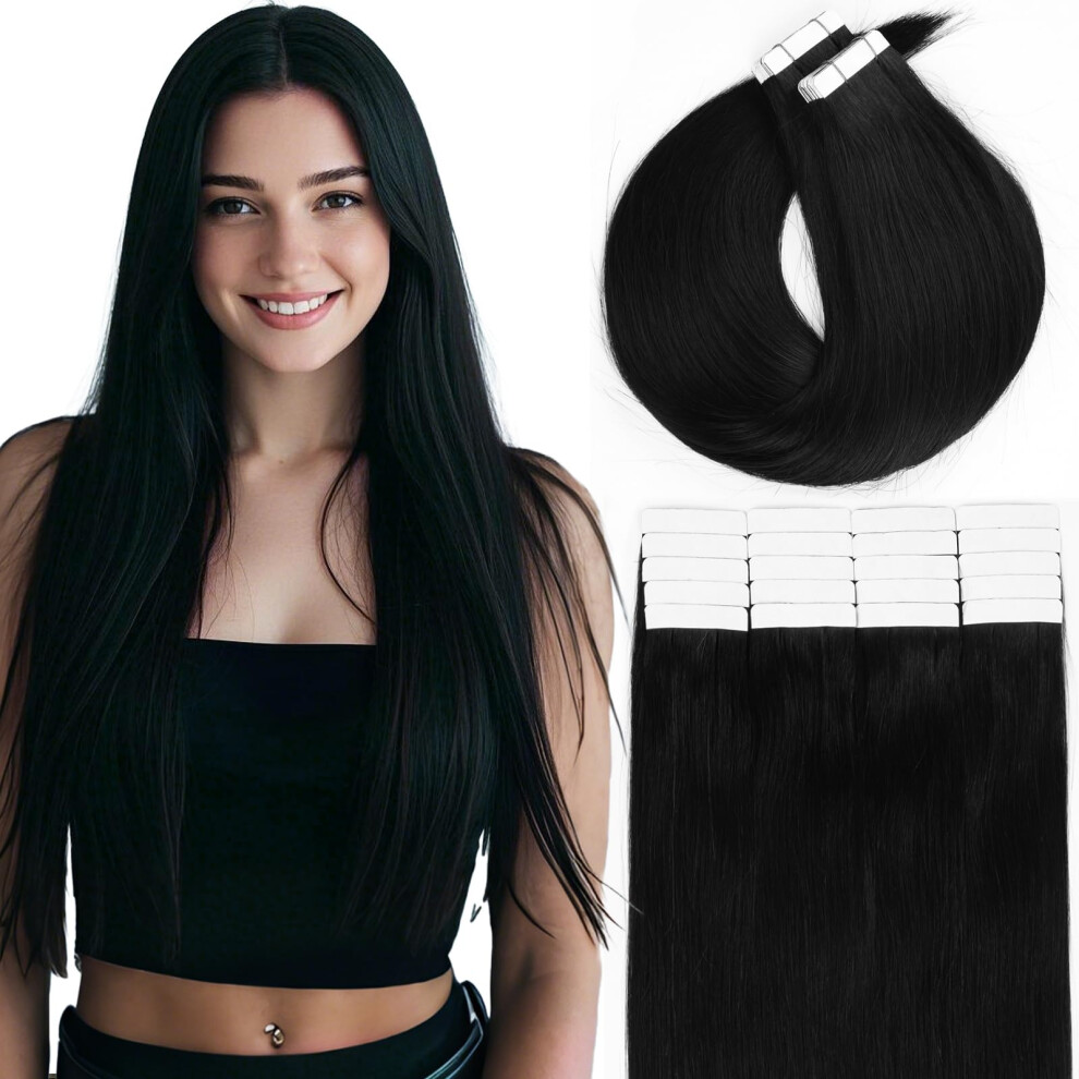 Unisex Black 16 Inch Jet Tape In Hair Extensions Remy Human Hair Invisible Skin Weft 50G 20Pcs