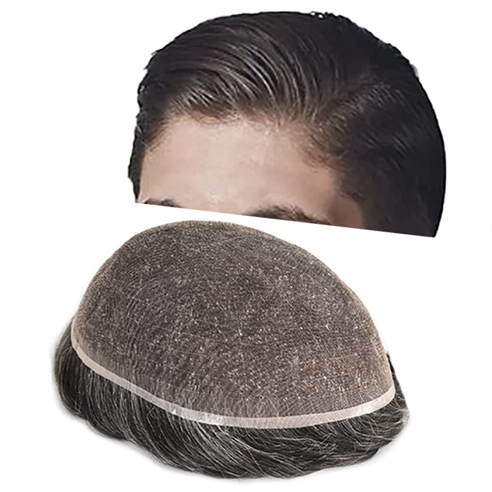 Men's Toupee French Lace 6x9 Off Black Gray Human Hairpiece with Natural Hairline and Breathable Base