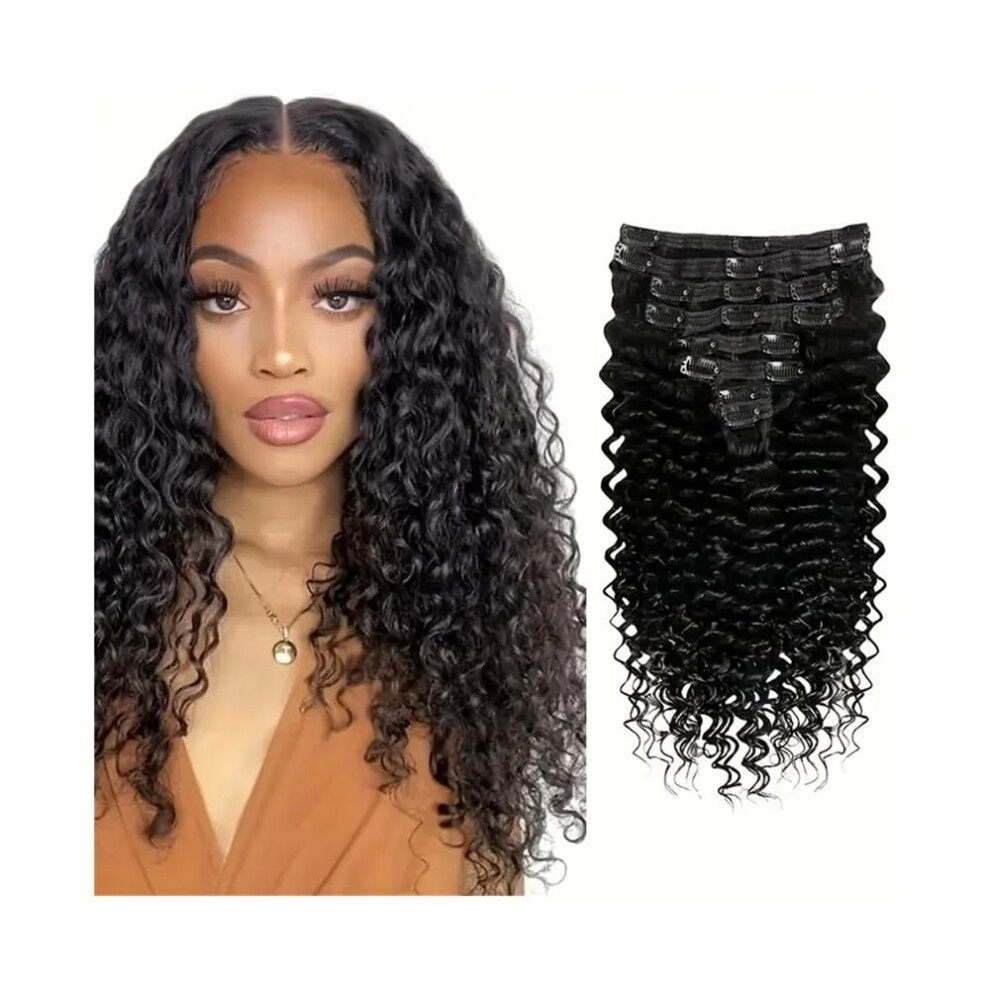 Unisex Black Human Hair Clip In Extensions Deep Wave Brazilian Remy Natural Curly 8Pcs 10In 120G