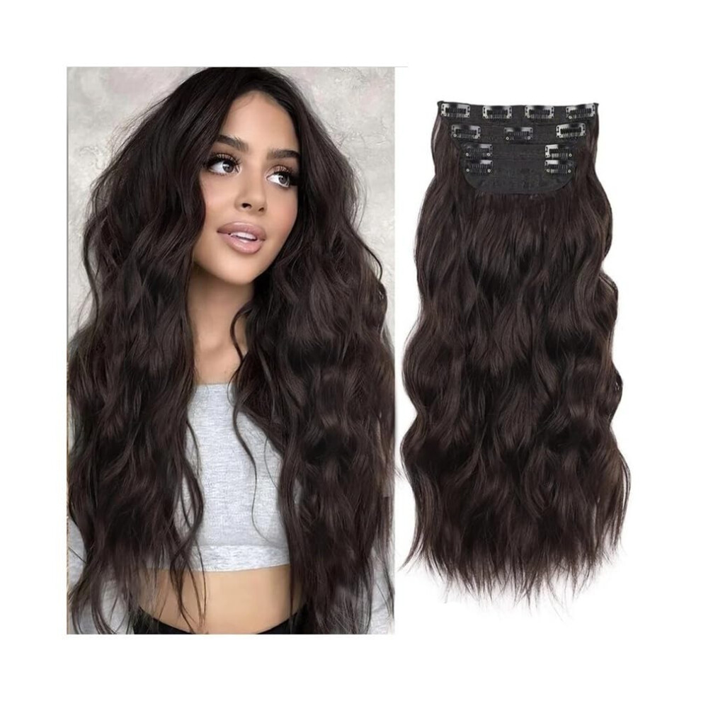 Medium Brown Water Wave Clip In Hair Extensions 20' Synthetic Long Wavy Hair for Women