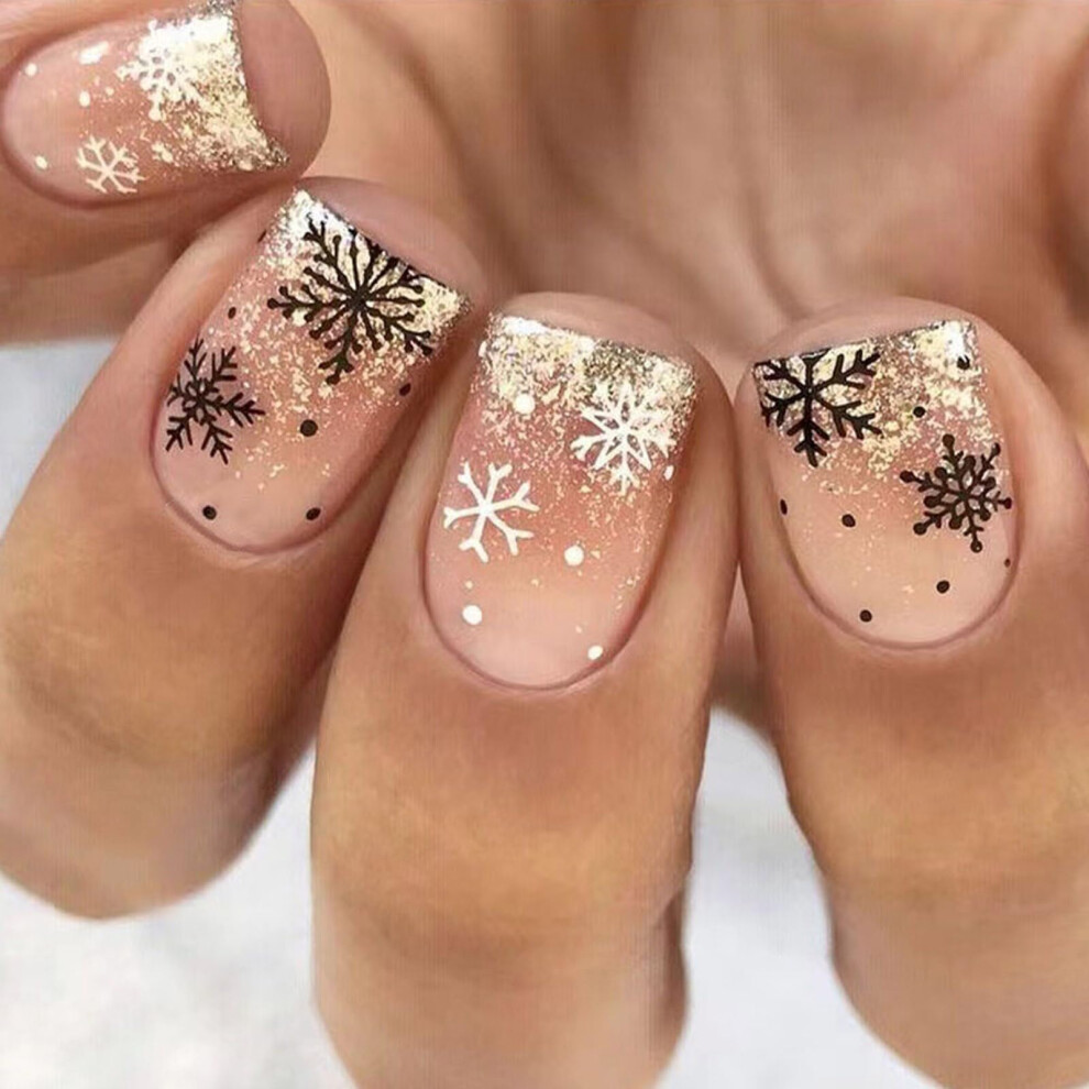24 Pcs Christmas Press On Nails Snowflake False Nails Short Square Glitter Full Cover