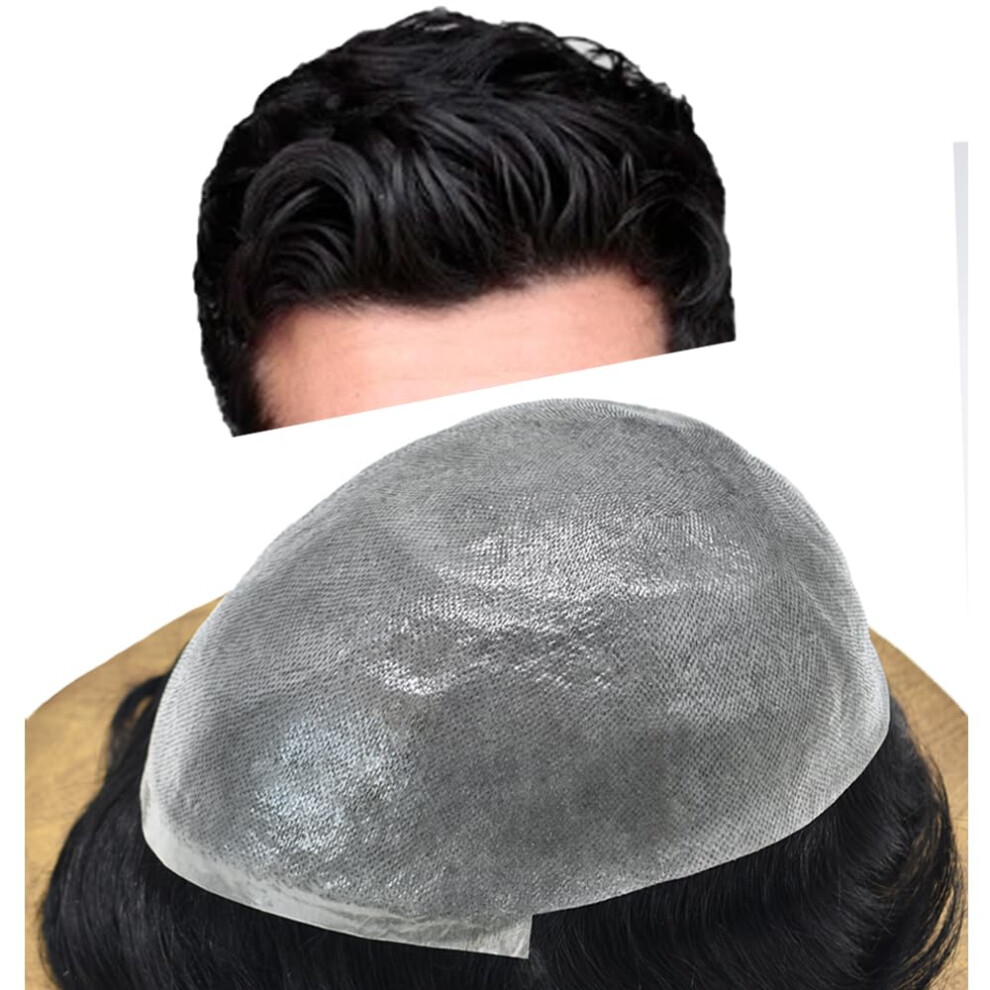 Unisex Black Men's Toupee 100% Human Hair Ultrathin Skin Base Vloop Natural Hairline 8X10 Jet