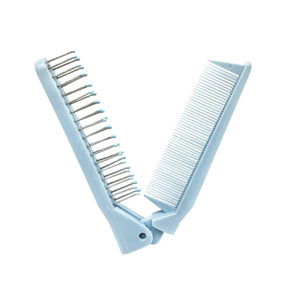 Foldable Portable Hair Comb with Dual Tooth Types and AntiStatic Nylon Teeth for Travel (Blue)